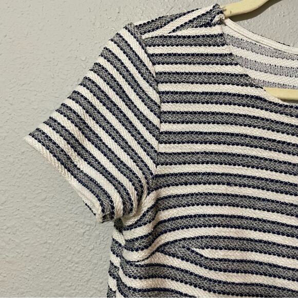 Loft Blue & Grey Striped Knit Ruffled Hem Mini Sheath Dress 4 - Picture 5 of 9